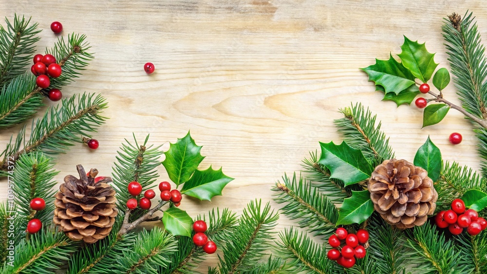 Festive Winter Holiday Background with Pine, Holly, and Berries Festive Winter Holiday Background with Pine, Holly, and Berries