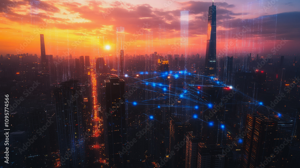 Fototapeta premium Smart digital city with connection Innovation network reciprocity over the sunset cityscape Concept of future wireless digital city and social media networking systems that connects business people