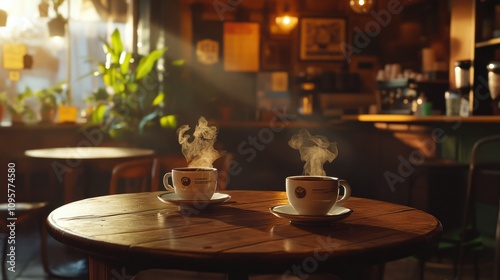 Cozy anime cafe interior with wooden tables, soft lighting, and steaming coffee cups