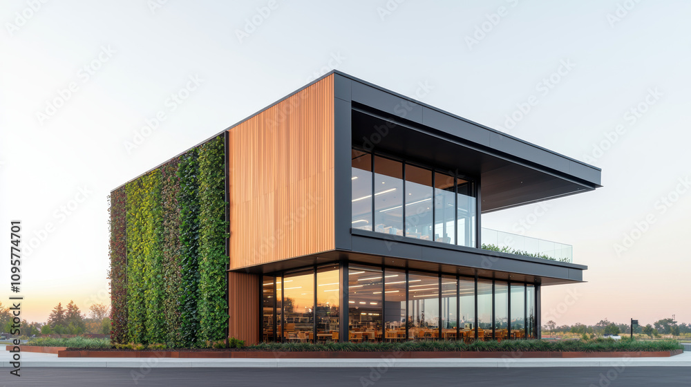 Fototapeta premium Modern canteen building with green wall, large windows, and sleek design. structure showcases contemporary architecture, blending nature with urban elements, creating inviting atmosphere