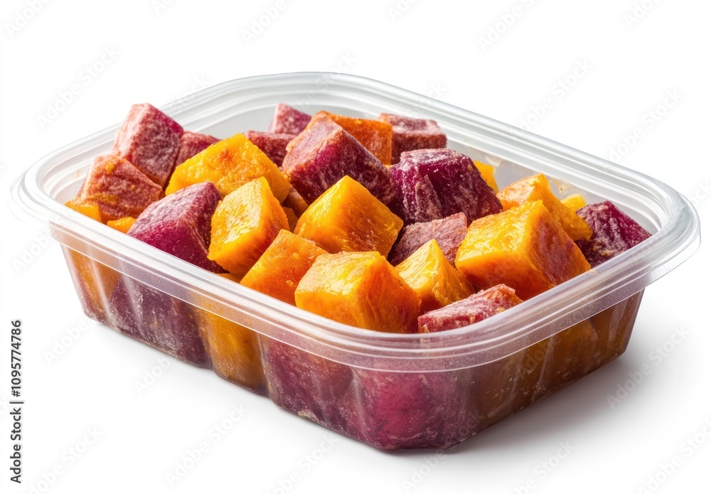 A clear plastic container filled with diced red and yellow beets. A clear plastic container filled with diced red and yellow beets.