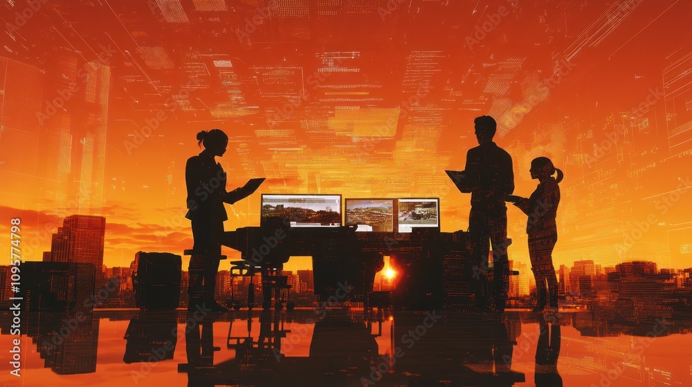 Silhouettes of three professionals working on computers with a sunset city skyline in the background and digital code patterns in the sky. Silhouettes of three professionals working on computers with a sunset city skyline in the background and digital code patterns in the sky.