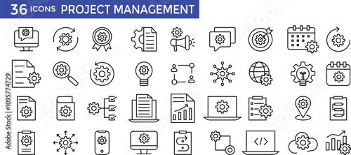 Project Management editable stroke outline web icons set. Project, management, business, plan, strategy, development, schedule, deadline, budget, task, implementation, analytics, process, list and man