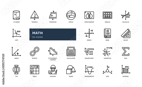 math mathematics science education learning school outline line icon set