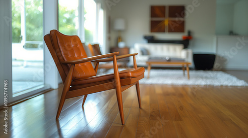 A cozy living room with a leather armchair and natural light. Perfect for creating a relaxing and inviting atmosphere.