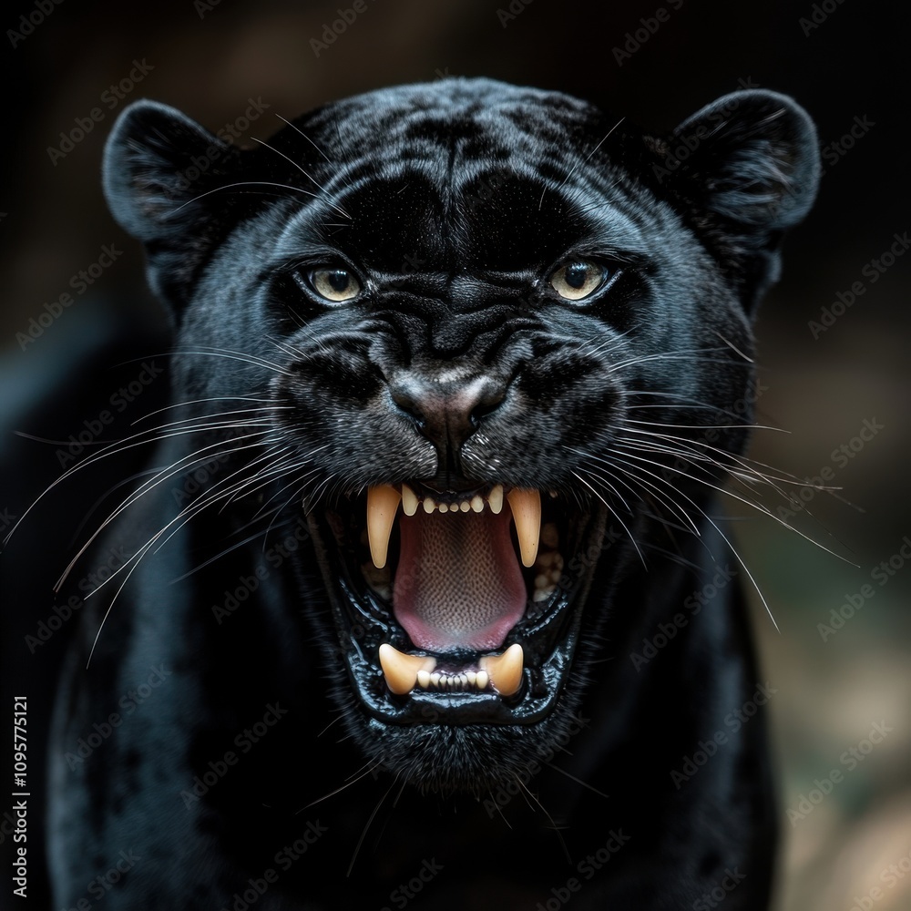 A close-up portrait of a black panther with its mouth open, showing its sharp teeth and a fierce expression. A close-up portrait of a black panther with its mouth open, showing its sharp teeth and a fierce expression.