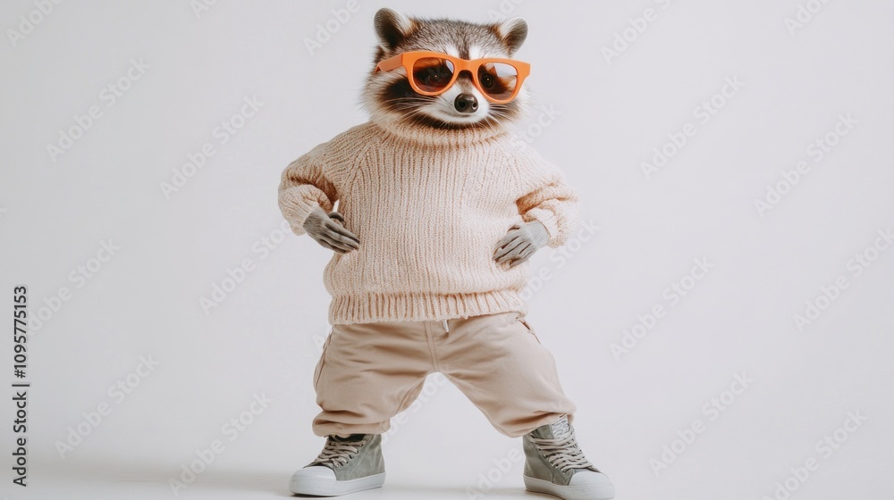 A raccoon wearing sunglasses, a pink sweater, beige pants, and white sneakers stands confidently against a white background. A raccoon wearing sunglasses, a pink sweater, beige pants, and white sneakers stands confidently against a white background.