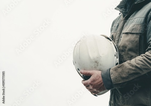 Construction worker holding a white hardhat in front of a white background. photo