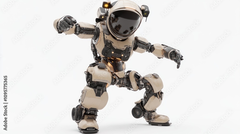 A robotic astronaut in a white space suit stands in a fighting pose with its arms outstretched. A robotic astronaut in a white space suit stands in a fighting pose with its arms outstretched.