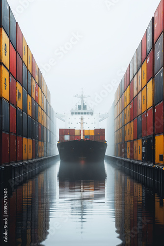 Cargo ship waiting at port, highlighting global supply chain challenges amid stacked containers photo