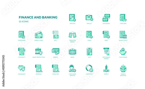 finance and banking economy money global transaction green filled line icon set