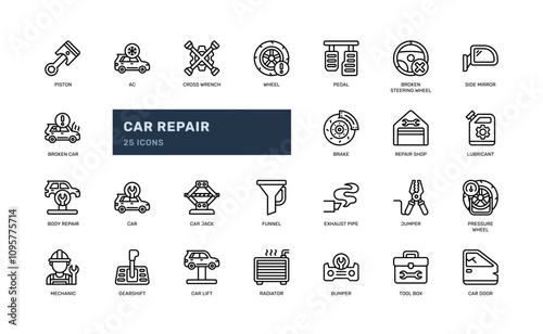 car repair service maintenance mechanic vehicle outline line icon set