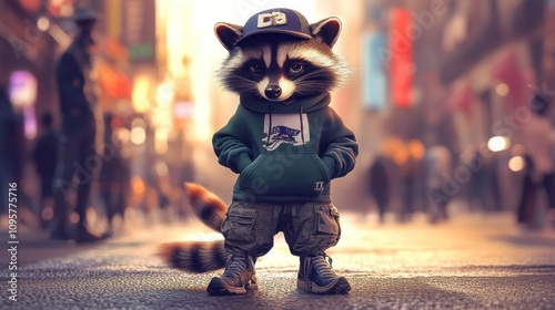 A raccoon wearing a green hoodie and a baseball cap stands on a city street.