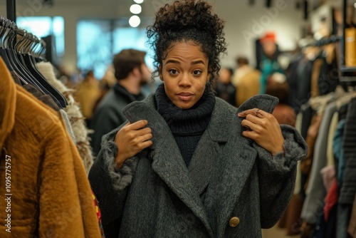 A young woman tries on a grey coat in a clothing store, adjusting the collar and looking at herself in the mirror. photo