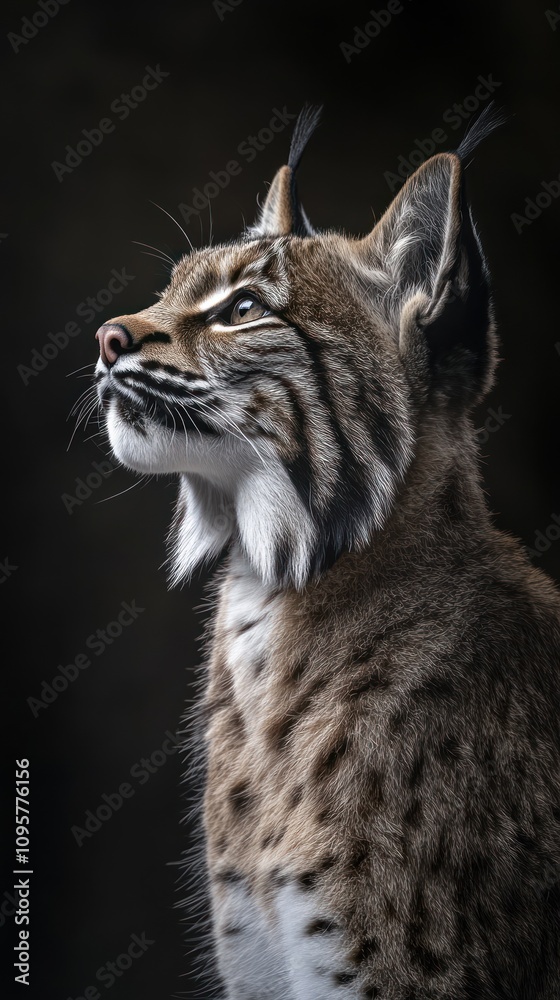 A lynx with a black background looking up with its ears perked up. A lynx with a black background looking up with its ears perked up.