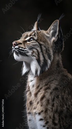 A lynx with a black background looking up with its ears perked up.