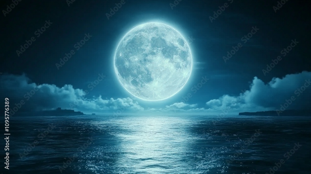 Magical Full Moon Rising Over Ocean Water Magical Full Moon Rising Over Ocean Water
