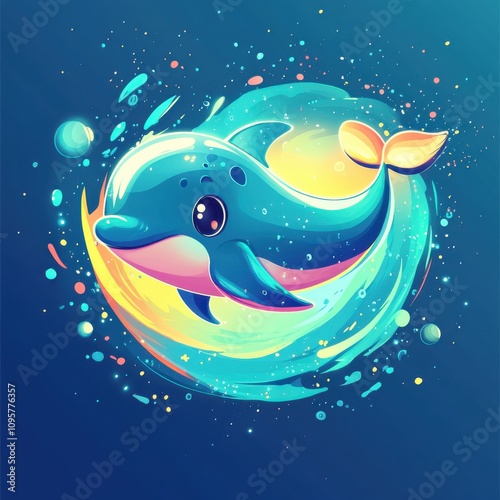 A cute cartoon dolphin swimming in a swirl of water. photo