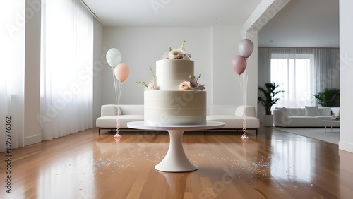 /imagine: A minimalist three-layer cake with clean white frosting and fresh flower accents, displayed in a modern room with tasteful birthday decor --ar 3:2 --v 4
