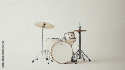 White drum kit on white background. (1) photo