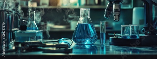 A close-up of a laboratory table with a beaker of blue liquid, a microscope, and other lab equipment.