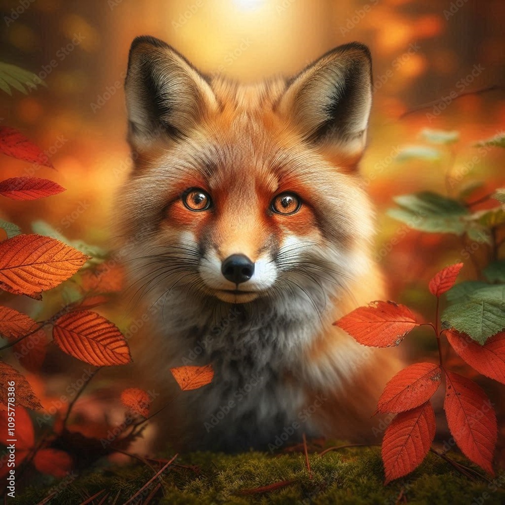 Fototapeta premium A red fox with very sharp eyes peering out through the leaves in the woods.