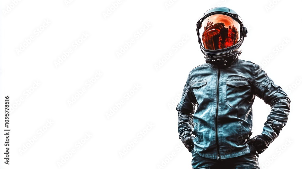 An astronaut in a leather jacket and helmet stands against a white background with hands on hips. An astronaut in a leather jacket and helmet stands against a white background with hands on hips.