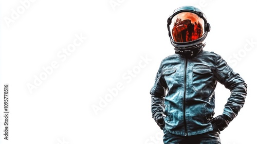 An astronaut in a leather jacket and helmet stands against a white background with hands on hips.