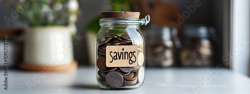 Savings jar with coins on a clean table in soft lighting and neutral tones