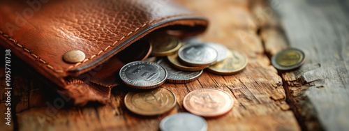 Empty wallet and scattered coins on wooden table highlighting financial struggles photo