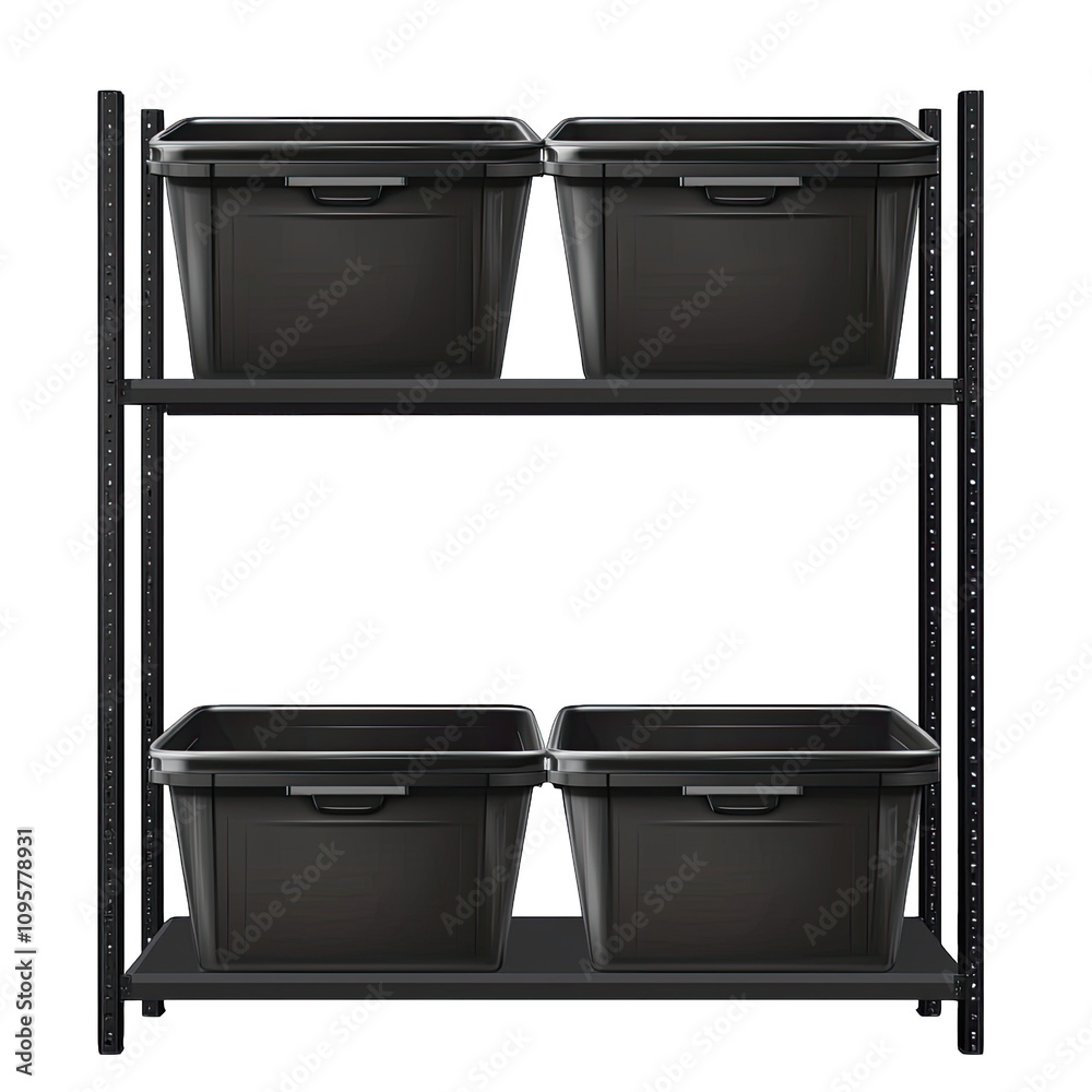 Storage bins on black shelf, perfect for organizing items efficiently Storage bins on black shelf, perfect for organizing items efficiently