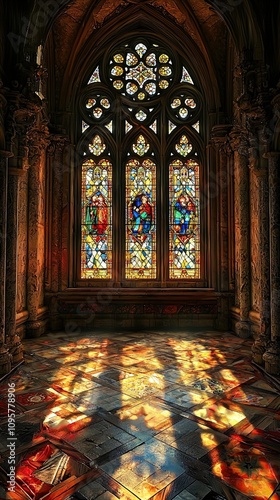 A beautifully lit room features towering stained glass windows that cast colorful light patterns onto the ornate tile floor. The intricate designs of the stained glass showcase various figures, while 