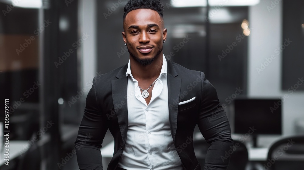 Confident businessman in a suit standing in an office. (1) Confident businessman in a suit standing in an office. (1)