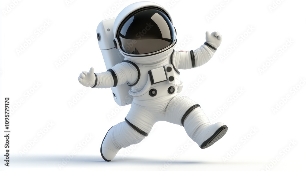 A cartoon astronaut runs towards the camera with arms outstretched, isolated on white. A cartoon astronaut runs towards the camera with arms outstretched, isolated on white.