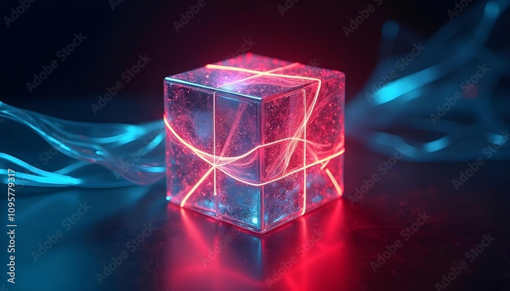 A cube shaped structure, a complex network of glowing red and blue lines, A cube shaped structure, a complex network of glowing red and blue lines,