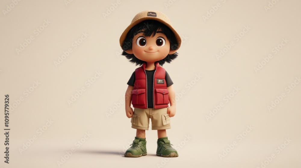 A young boy in a red vest, khaki shorts, and a hat, standing in a neutral background. A young boy in a red vest, khaki shorts, and a hat, standing in a neutral background.