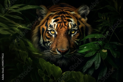 Junglecore. Realistic Tiger's Portrait in Leafy Environment