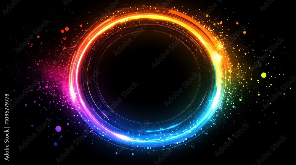 Vibrant rainbow circle light frame with sparkles on black background. Vibrant rainbow circle light frame with sparkles on black background.