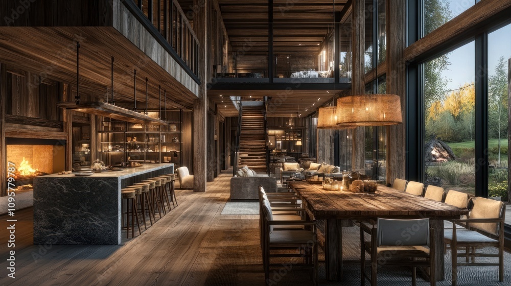 Modern rustic living room with high ceilings, fireplace, dining table, kitchen island and large windows.
