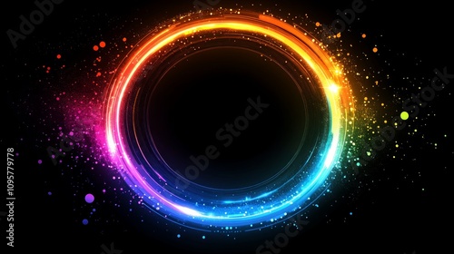 Vibrant rainbow circle light frame with sparkles on black background.