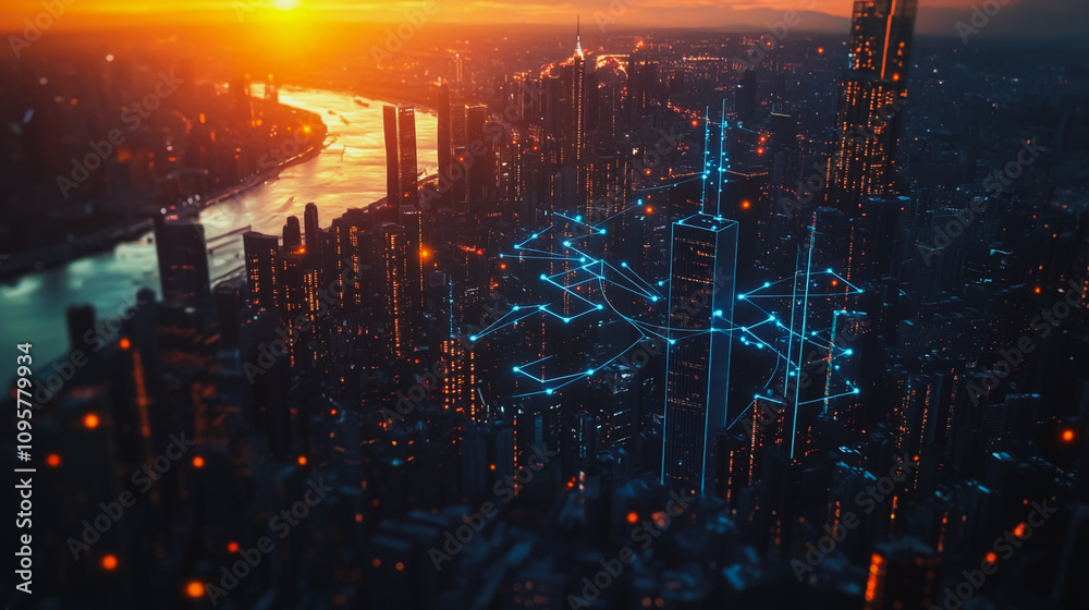 Fototapeta premium Smart digital city with connection Innovation network reciprocity over the sunset cityscape Concept of future wireless digital city and social media networking systems that connects business people