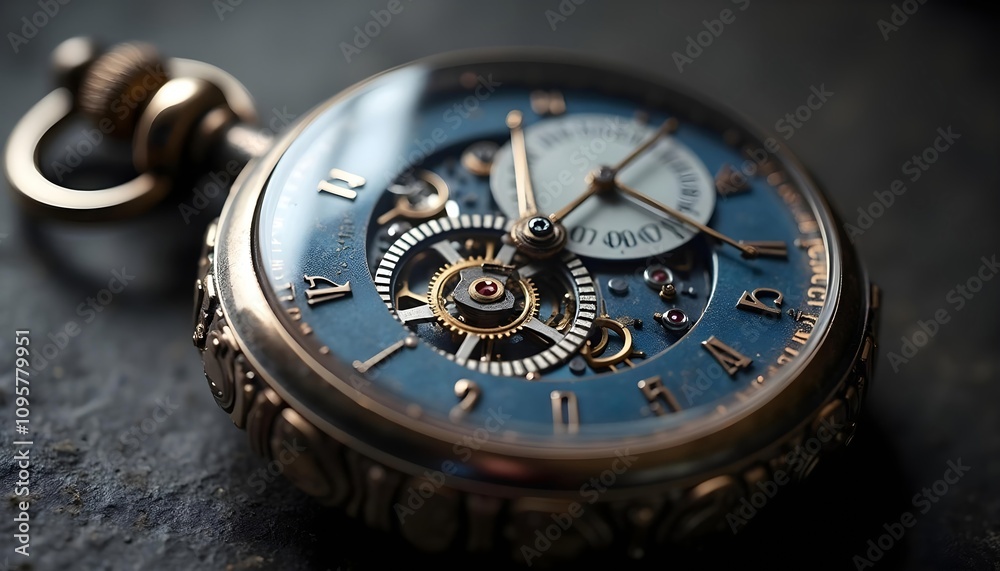 The dial has complex gears, hands, and blue and gold markings, a close-up of an antique pocket watch The dial has complex gears, hands, and blue and gold markings, a close-up of an antique pocket watch