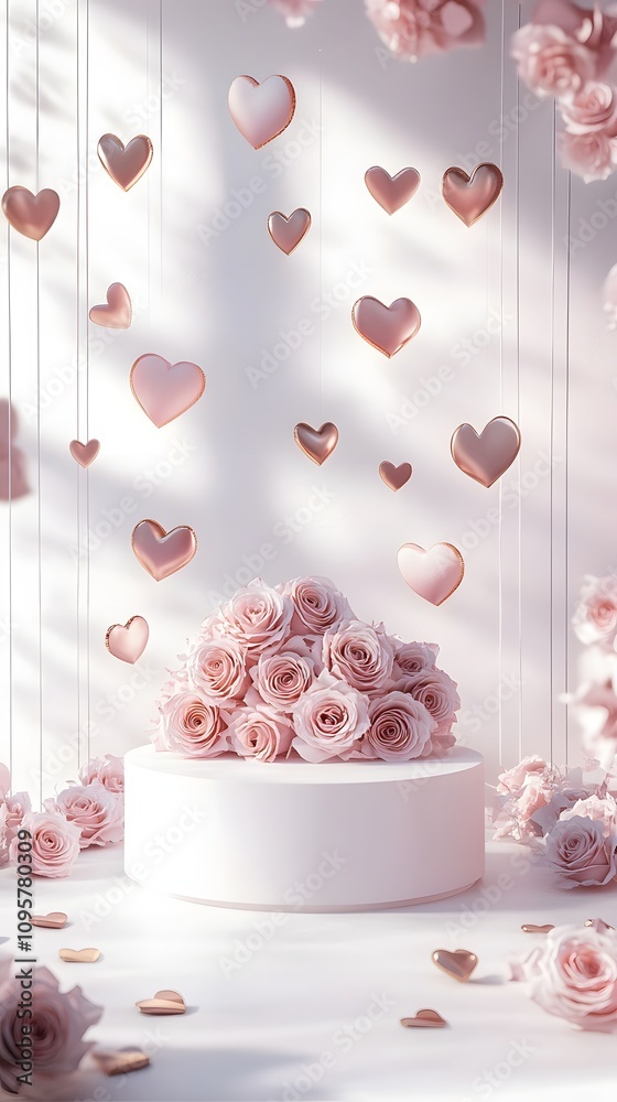 A romantic white podium adorned with soft pink roses, bathed in warm golden light, surrounded by floating hearts, leaving ample space in the center for showcasing a product. A romantic white podium adorned with soft pink roses, bathed in warm golden light, surrounded by floating hearts, leaving ample space in the center for showcasing a product.