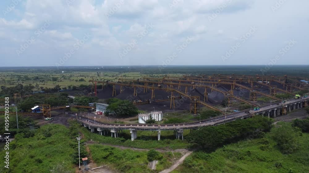 View of the coal terminal air with the activities of coal, barge and coal conveyor trucks View of the coal terminal air with the activities of coal, barge and coal conveyor trucks