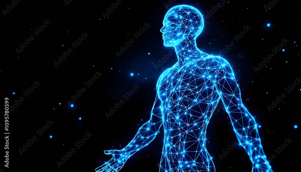 Luminous blue wireframe human body diagram, interconnected lines and point networks, Luminous blue wireframe human body diagram, interconnected lines and point networks,