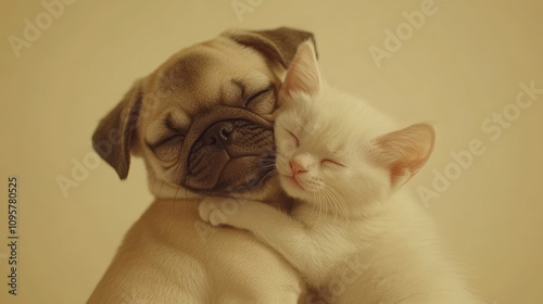 A pug and a kitten cuddle together, both with their eyes closed. photo