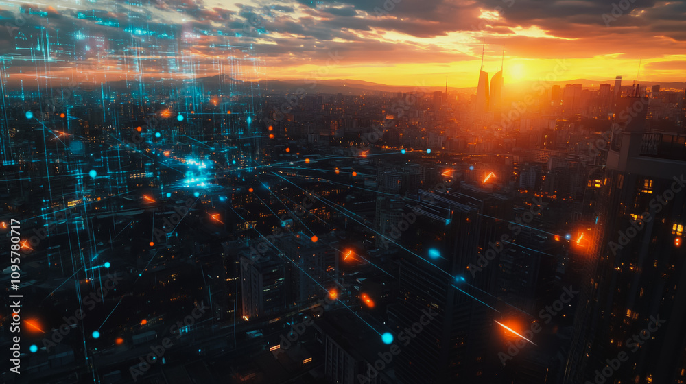 Fototapeta premium Smart digital city with connection Innovation network reciprocity over the sunset cityscape Concept of future wireless digital city and social media networking systems that connects business people