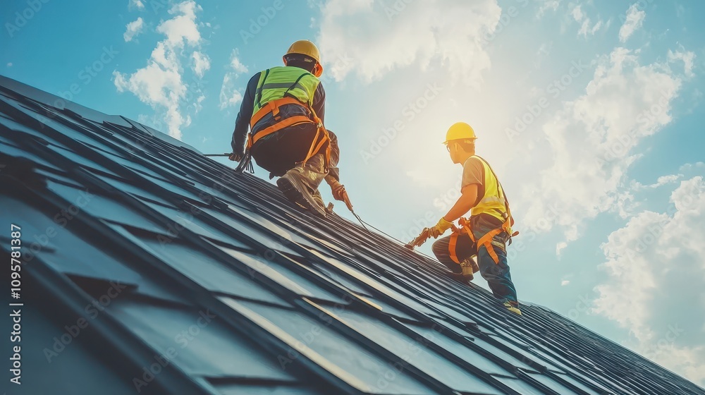 Roofers working on a steep roof. Illustrates teamwork and safety in construction. Roofers working on a steep roof. Illustrates teamwork and safety in construction.