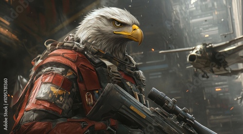 An eagle soldier stands guard in a futuristic cityscape, armed with a rifle and a determined expression. photo