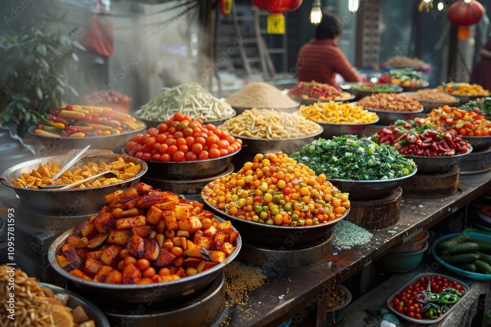 Obraz premium Bowls of food are on a table in a market, food background